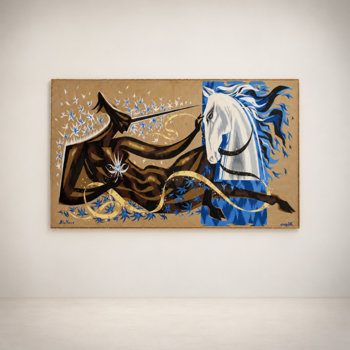 Claude Bleynie, Femme en licorne face à un cheval blanc, 1950