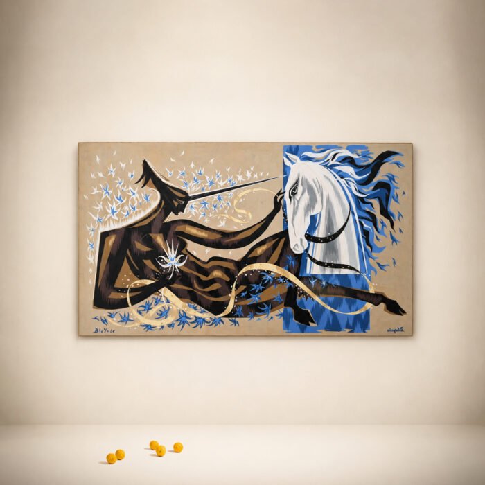 Claude Bleynie, Femme en licorne face à un cheval blanc, 1950
