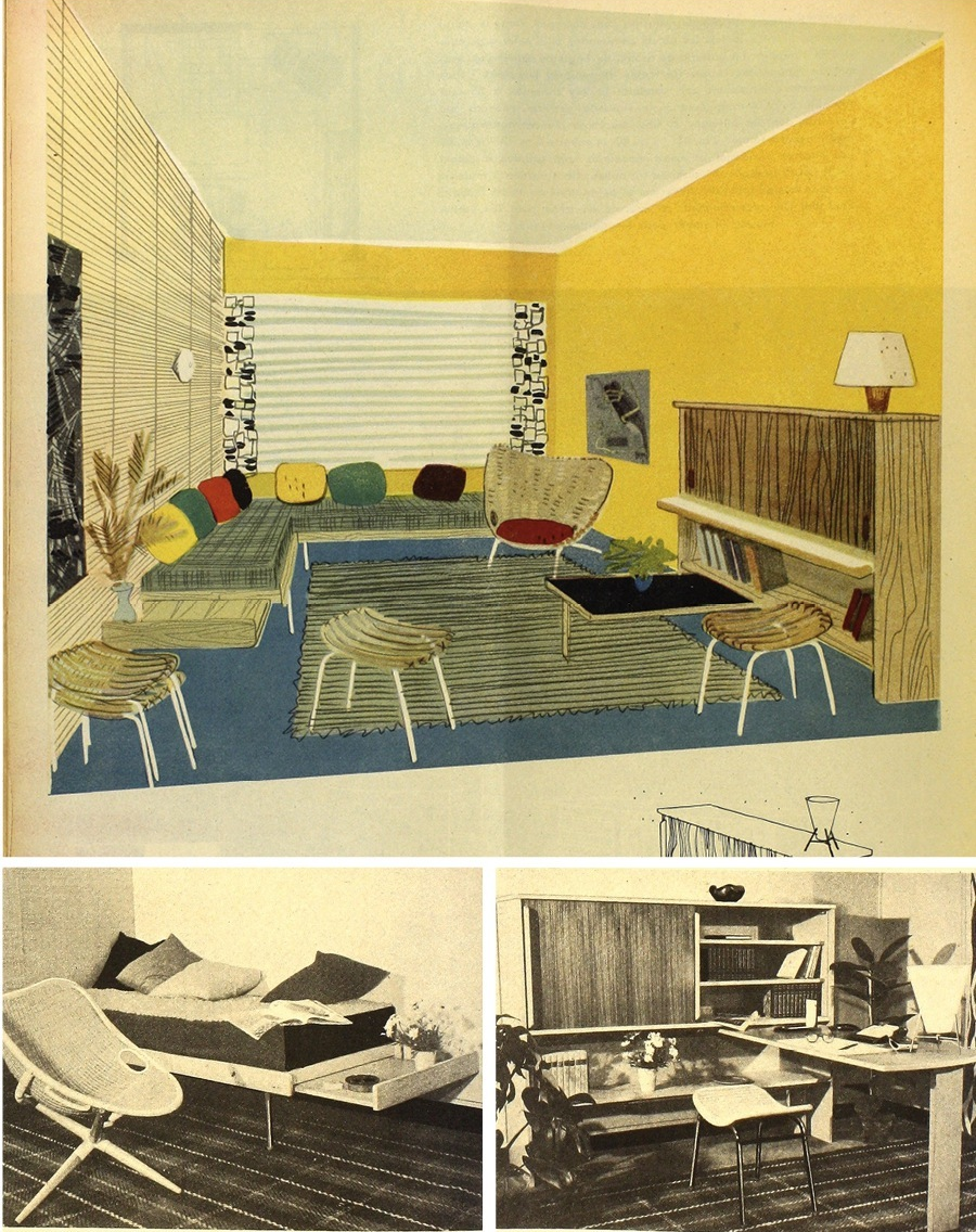 Stand de Joseph-André Motte en 1953 avec un fauteuil Tripode visible en bas à gauche